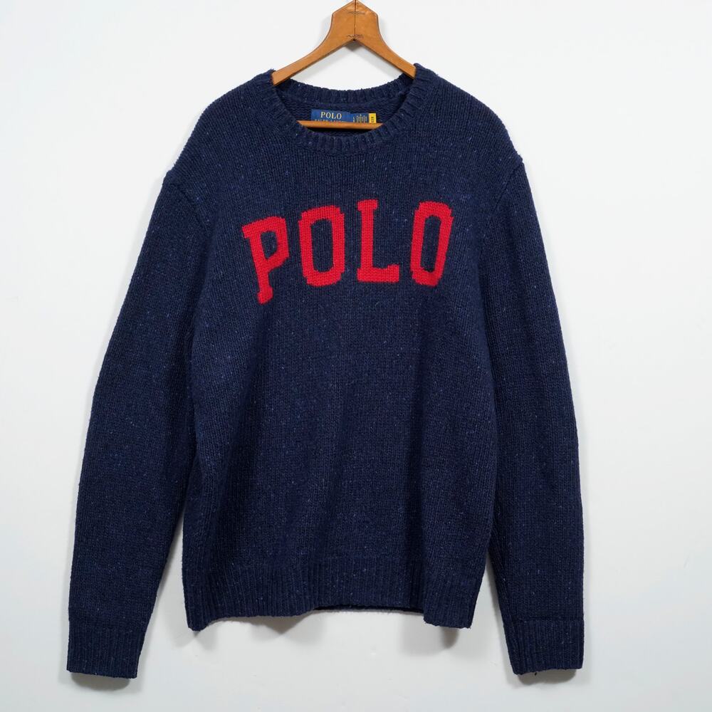 Polo Ralph Lauren Intarsia Logo Crewneck Sweater Men’s Size L Wool Blend Navy